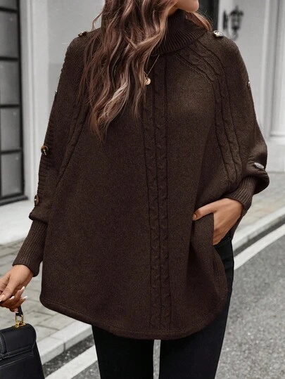 SHEIN LUNE 女士休闲/工作不对称下摆装饰纽扣蝙蝠袖高领斗篷毛衣，秋冬棕色粗针织毛衣棕色毛衣棕色斗篷毛衣女士棕色高领毛衣棕色纽扣毛衣