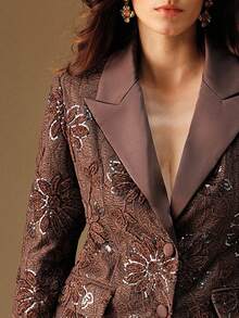Anewsta Áo khoác blazer công sở thanh lịch đính sequin vai họa tiết - Cà phê nâu - Xem 7