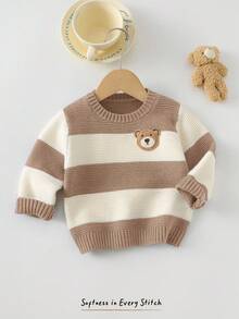 Cozy Pixies Baby Boy Cartoon Bear Striped Pattern Crew Neck Long Sleeve Sweater,In Fall/Winter