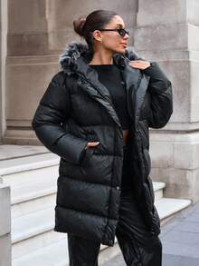 SHEIN Solid Long Sleeves Casual Button Up Hooded Padded Coat Winter