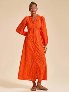 Travachic 女士节日刺绣灯笼袖单排扣优雅连衣裙 - 橘色 - 查看 2