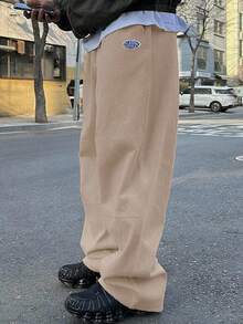 DAZY 男士卡其色字母刺绣保暖内衬运动裤，秋冬男士慢跑裤 - 卡其色 - 查看 2