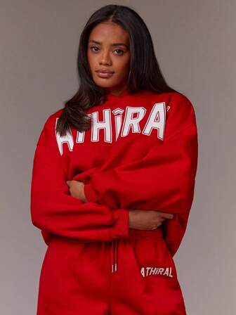 Athîral New Autumn Women's Sports Sweatshirt, Oversized Logo Sweatshirt Streetwear Classic Pullover Sweatshirt Essential Winter Casual Wear Casual Sportswear, Flannel, Red Pullover