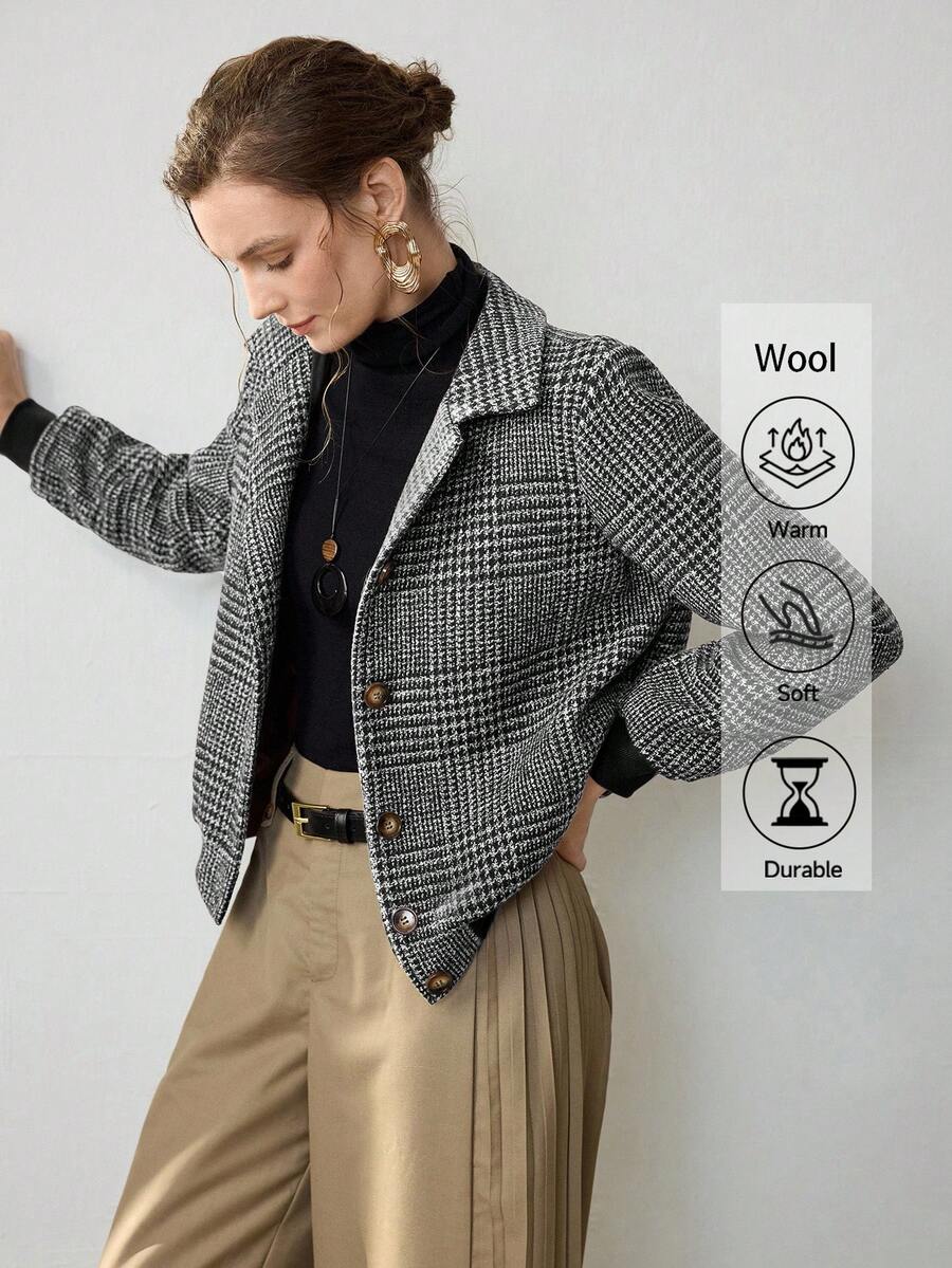 Uhlyne 秋冬新款时尚梭织翻领格纹优雅长袖休闲修身纽扣设计女式夹克外套