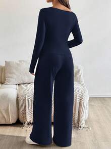 SHEIN 2pcs Maternity Casual Solid Asymmetric Top And Pants Set Pregnant Outfits Maternity Two Piece Sets Maternity Jumpsuits For Woman Pregnancy Clothes Maternity Clothes Two Piece Suits - Navy Blue - View 2