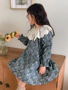 Dazy Kids Gaun Longgar Lengan Panjang Motif Bunga dengan Hiasan Pita dan Hem Berkerut untuk Anak Perempuan - MultiWarna - View 7