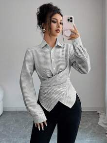 Elenzga Áo cánh sọc chéo màu vàng mù tạt cỡ tiêu chuẩn dành cho nữ - Đen và trắng - Xem 4