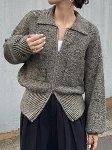 FRIFUL 女式灰色翻领落肩长袖双拉链下摆罗纹宽松休闲套头衫，秋季