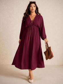 Elaquor Vestido de manga farol de unicolor para talla grande, casual y de uso diario - Burdeos - Ver 3
