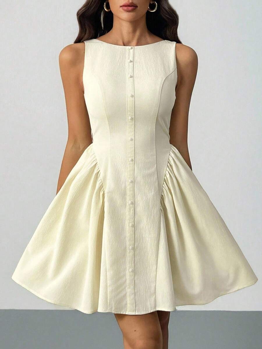 SHEIN Tall Váy mini trơn không tay dành cho nữ, thời trang cho mùa xuân, hè, thu, đông, thích hợp mặc nhiều lớp, dự tiệc, hẹn hò - Màu be - Xem 1