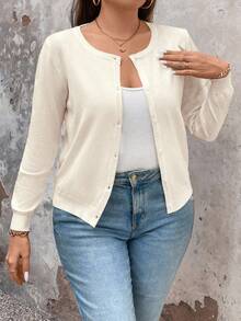 EMERY ROSE Plus Size Casual Versatile Solid Color Cardigan - Apricot - View 4