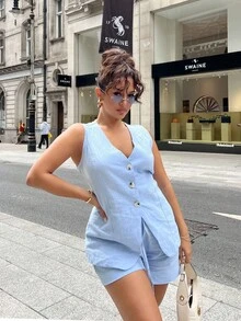 NegzBox Solid Button Front Vest Blazer & Shorts - Baby Blue - View 4