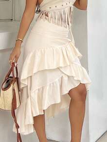 NegzBox Women's Creamy Apricot Summer Skirt With High-Low Hem ,Drawstring Ruffled Layered,Party Skirt,Boho Skirt,Lunch Skirt - Apricot - View 6