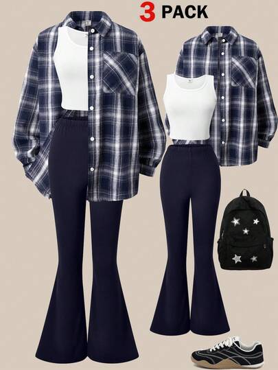 SHEIN Explorewe 3pcs/Set Teenage Girls Casual Elegant Plaid Shirt Set, Includes Minimalist Long Sleeve Blouse, Vest & Flared Knit Pants, Vintage & Fashionable For Spring/Autumn Commute & Daily Wear Fall Winter