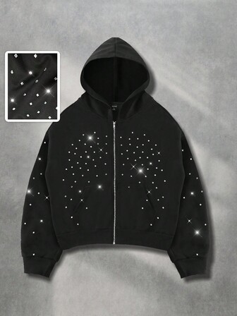 Street Life Sudadera con capucha con cremallera y diamantes brillantes de moda para hombre, otoño