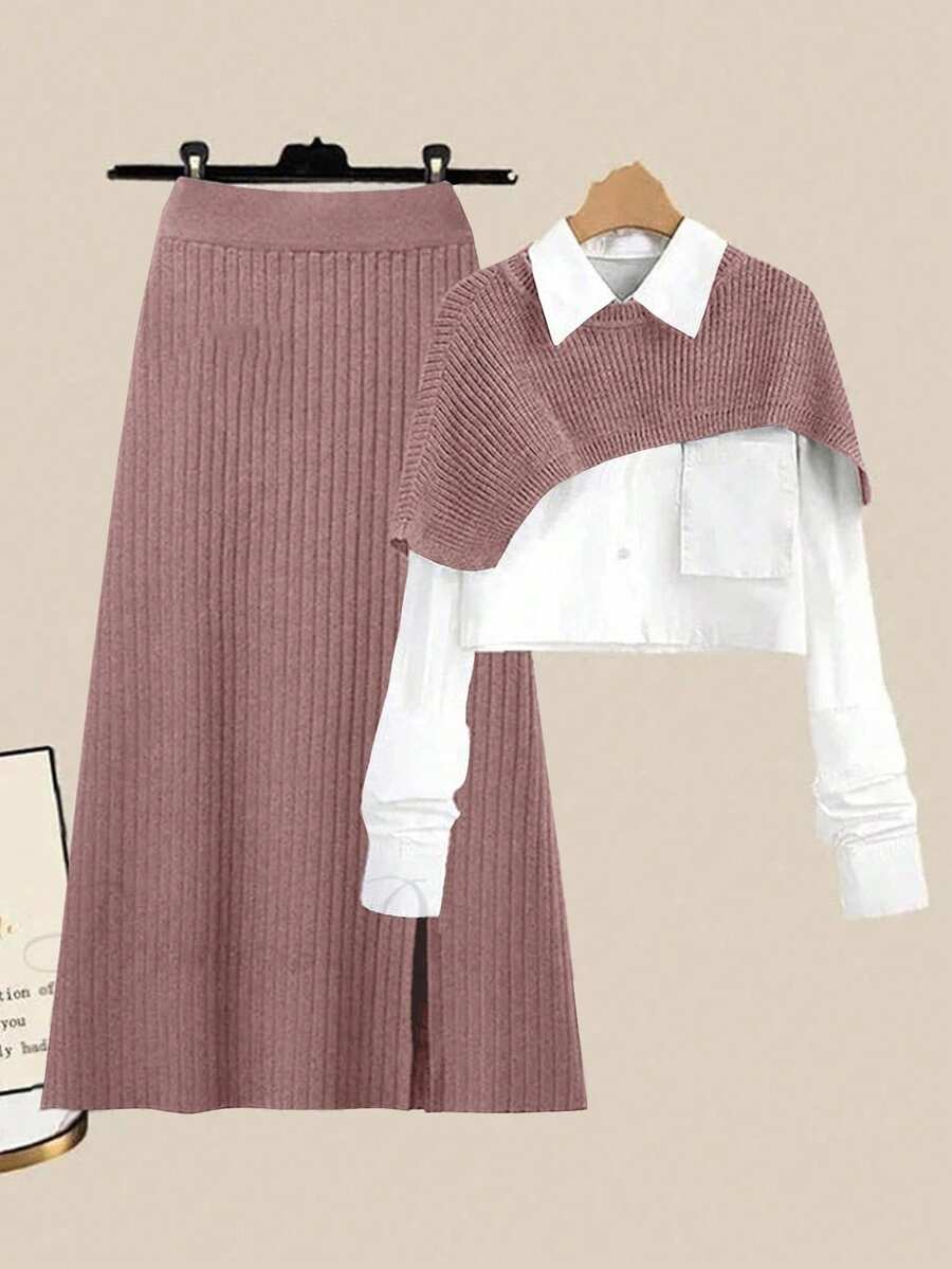 GlowEve Damen Set aus einfarbigem Strick-Top mit rundem Ausschnitt, asymmetrischem Saum und Schalenkragen und gestricktem Midi-Rock, Herbst/Winter