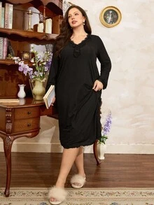 Côtesoire V-Neck Lace Trim Soft & Breathable Ribbed Long Sleeve Casual Nightgown Women Plus Size, Fall & Winter, Cozy Outfit - Black - View 4