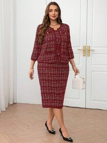 SHEIN Clasi Bộ 2 món thanh lịch, áo khoác hở trước tay 3/4 họa tiết kẻ caro cỡ lớn dành cho nữ, mùa thu - Màu Đỏ Sâu - Xem 4