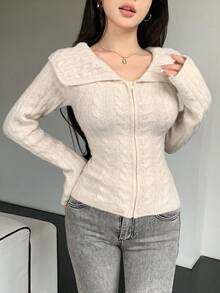 DAZY 女士超大领口开衫、短款休闲针织毛衣 - 杏色 - 查看 3