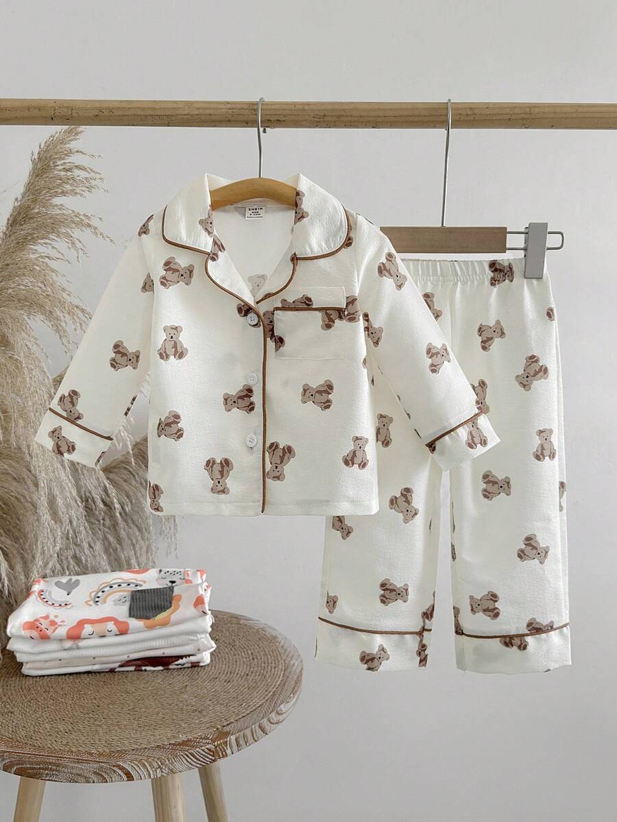 SHEIN 2pcs/Set Baby Boy Cute Bear Print Outfit, Turndown Collar Long Sleeve Cardigan + Loose Fit Pants, Comfortable Autumn/Winter Set Fall
