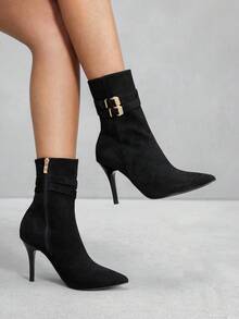 CUCCOO SZL 女士尖头细高跟扣性感优雅时尚中筒靴 - 黑色 - 查看 1