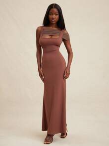 NYA SZN Chocolate Brown Elegant Dinner Date Summer Dress,Short Sleeve Asymmetrical Fitted Bodycon Flare Skirt Maxi Length Mesh Wedding Birthday Outfits Women - Brown - View 1