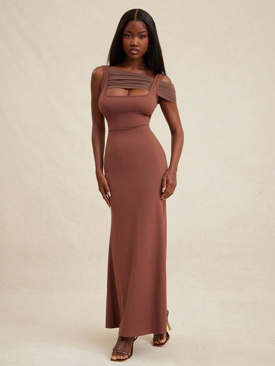 NYA SZN Chocolate Brown Elegant Dinner Date Summer Dress,Short Sleeve Asymmetrical Fitted Bodycon Flare Skirt Maxi Length Mesh Wedding Birthday Outfits Women - Brown - View 1