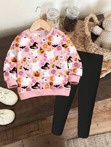 SHEIN Happikins Cream Pink Pumpkin Color, Super Cute Mini Pumpkin & Ghost Floral Pattern, Adorable Witch & Fairy, Pink Autumn Vibe, Baby Girl Casual Knit Soft Thick Crew Neck Long Sleeve Sweatshirt And Leggings Set, Suitable For Autumn/Winter Fall - Multicolor - View 4