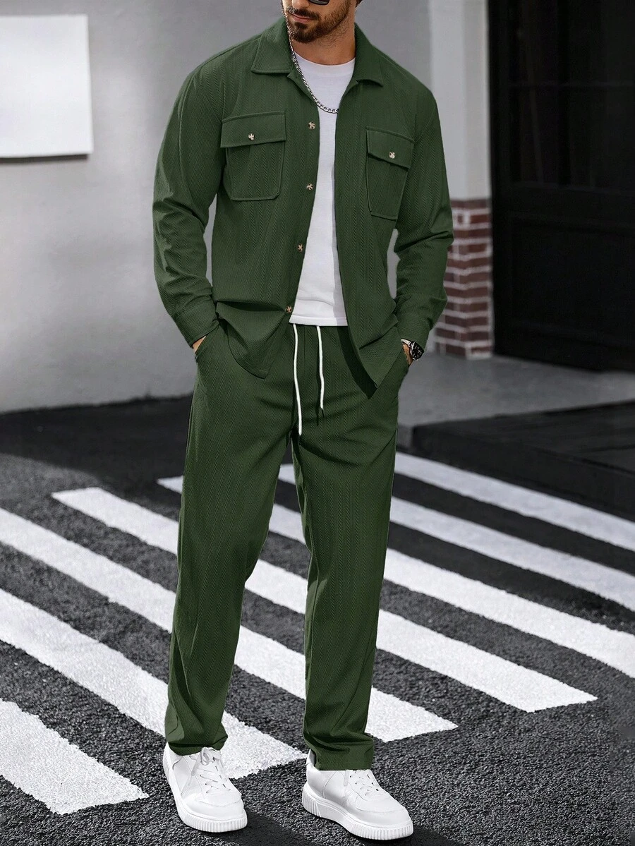 Manfinity CasualCool 2件套男士灯芯绒工作长袖衬衫和裤子，秋季服装