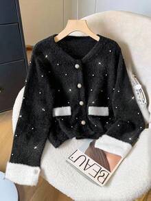 GlowEve 黑色 V 领串珠撞色袖口柔软亲肤耐用抗起球毛衣开衫，厚实但不笨重，女士必备冬季夹克 - 黑色 - 查看 3