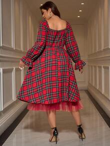 Gownix Váy lưới kẻ caro dự tiệc thời trang cỡ lớn - Đỏ - Xem 2