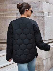 EURMUSE Short Winter Coat With Quilting Details, Two Pockets Button Front Fashionable Padded Coat - Black - View 2