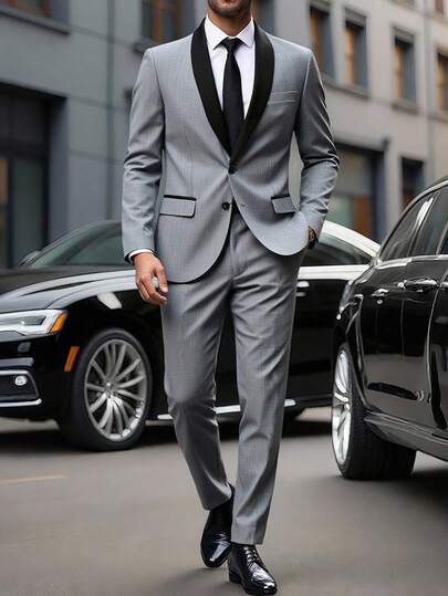 Manfinity Mode 男士灰色半弹性腰带，商务休闲西装，适合日常通勤穿着，也是送给男朋友和丈夫的理想礼物灰色西装男士男士灰色西装灰色西装男士男士灰色西装灰色西装黑色翻领，老钱风格