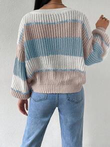 EMERY ROSE Women's Casual Loose Fit Contrast Color Round Neck Drop Shoulder Long Sleeve Sweater, Autumn - Multicolor - View 2