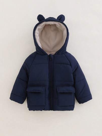 SHEIN Playful Pals Baby Boy Infant Toddler 0-3Y Casual Daily Versatile Warm Fleece Bear Ear Hoodie Jacket, Autumn/Winter Fall