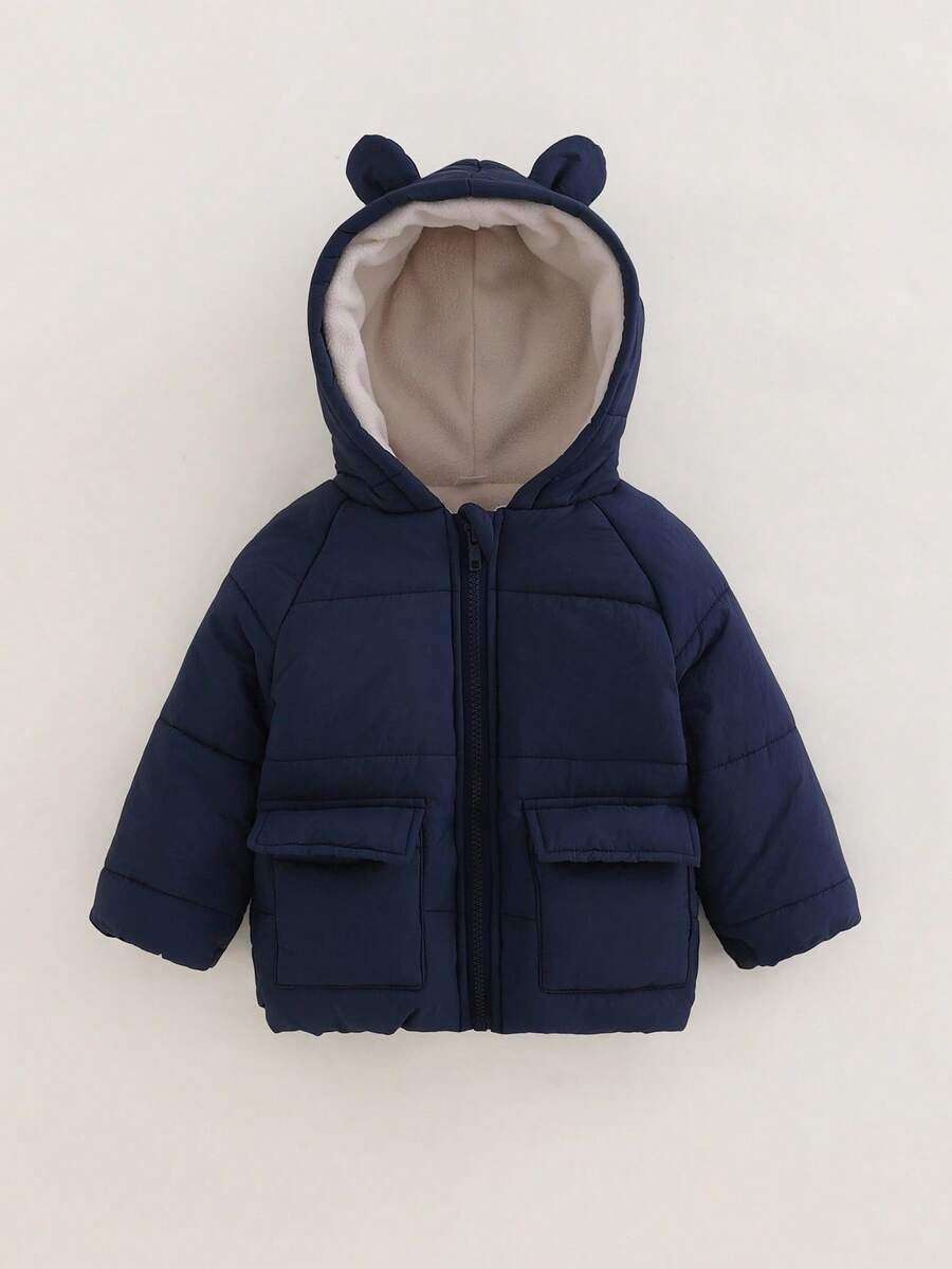SHEIN Playful Pals Baby Boy Infant Toddler 0-3Y Casual Daily Versatile Warm Fleece Bear Ear Hoodie Jacket, Autumn/Winter Fall