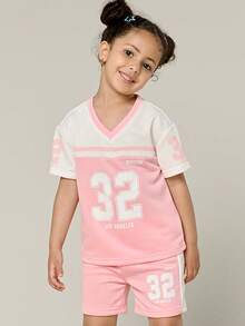 SHEIN Explorewe Young Girl Fashion Crew Neck Letter Print Contrast Color T-Shirt And Loose Shorts Set - Multicolor - View 2