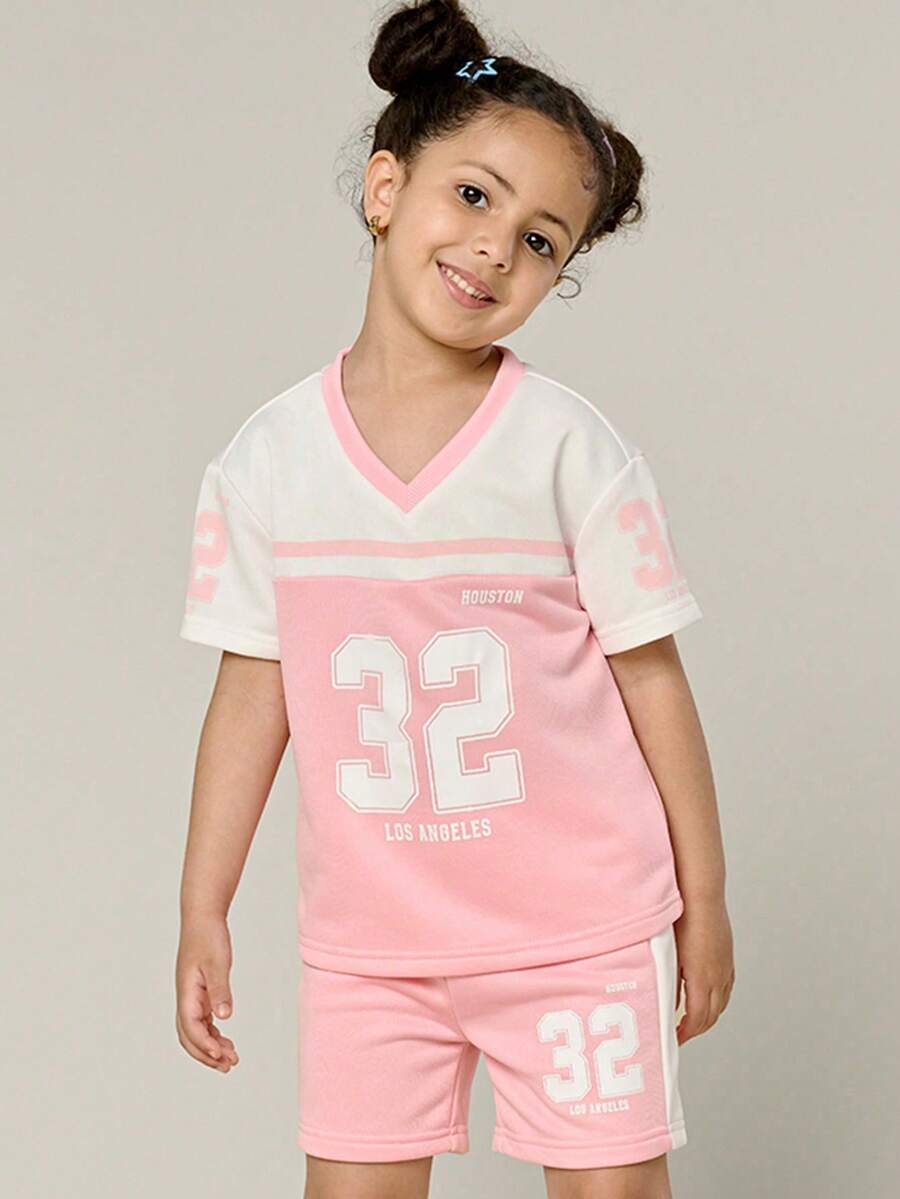 SHEIN Explorewe Young Girl Fashion Crew Neck Letter Print Contrast Color T-Shirt And Loose Shorts Set