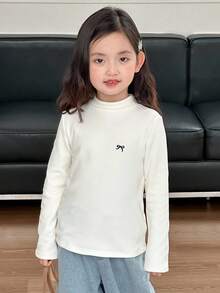 DAZY 女童圆领针织保暖内衬蝴蝶结刺绣长袖T恤，秋季款 - 白色 - 查看 3
