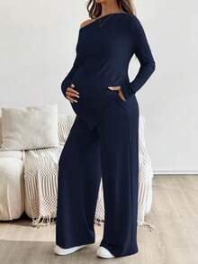 SHEIN 2pcs Maternity Casual Solid Asymmetric Top And Pants Set Pregnant Outfits Maternity Two Piece Sets Maternity Jumpsuits For Woman Pregnancy Clothes Maternity Clothes Two Piece Suits - Navy Blue - View 3