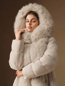 Anewsta Manteau mi-long élégant pour femmes grandes tailles, avec capuche en fausse fourrure et taille cintrée