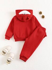 Cozy Pixies 2件套男婴卡通狐狸耳朵连帽外套和慢跑裤套装 - 紅色 - 查看 2