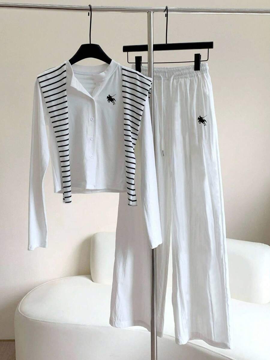 INAWLY 2pcs/Set Women Cavalier Print Long Sleeve Single-Breasted T-Shirt And Pants, Casual Outfit Fall Cloth For Women - White - View 1