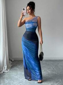 Rafferiza 渐变色高开叉不对称领褶饰薄纱长裙女装