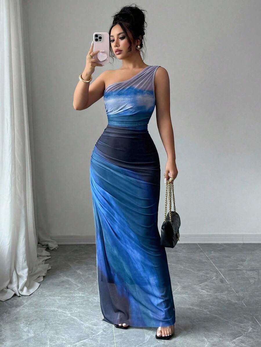 Rafferiza 渐变色高开叉不对称领褶饰薄纱长裙女装