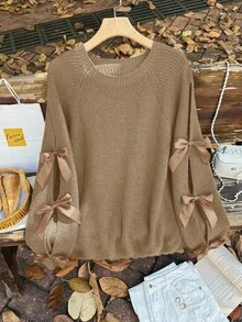 Firerie Plus Size Loose Knit Sweater With Hollow Bow Knot Decor, Plus Size Cute Fall Pullover In Beige Brown Sweater Brown Long Sleeve Top/Winter - Khaki - View 6