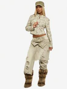 SUMWON WOMEN Cotton Women Fitted Camouflage Moto Jacket Urban Streetwear Zip Front Crop Military Fashion Fall Winter Outerwear With Mandarin Collar - Multicolor - View 4