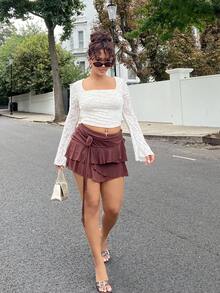 NegzBox Women's Multi-Layer Ruffle Trim Low Rise Y2K Mini Black Skirt - Coffee Brown - View 4