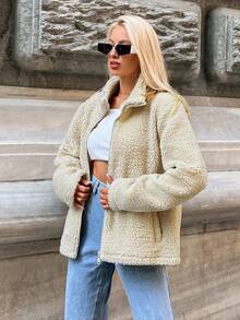 EURMUSE 拉链落肩泰迪外套，女士春秋休闲口袋，拉链落肩漏斗领常规版型米色纯色女士外套，休闲日常穿着 - 米色 - 查看 4