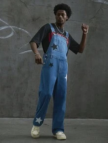 Manfinity ZONE917 Men's Casual Star Print Washed Blue Denim Bib Overalls, Streetwear Style, All Season Punk Regular Washed Blue Baggy Vacation Party For Thrashed Denim - Blue - View 6